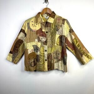 Vintage Y2K Sandy Starkman Silk Patchwork Tribal Abstract Faces Cropped Jacket L